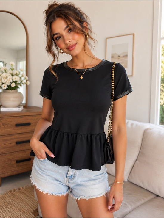 Madewell Tops - Madewell Black Peplum Top Faux Leather Collar Babydoll XS
